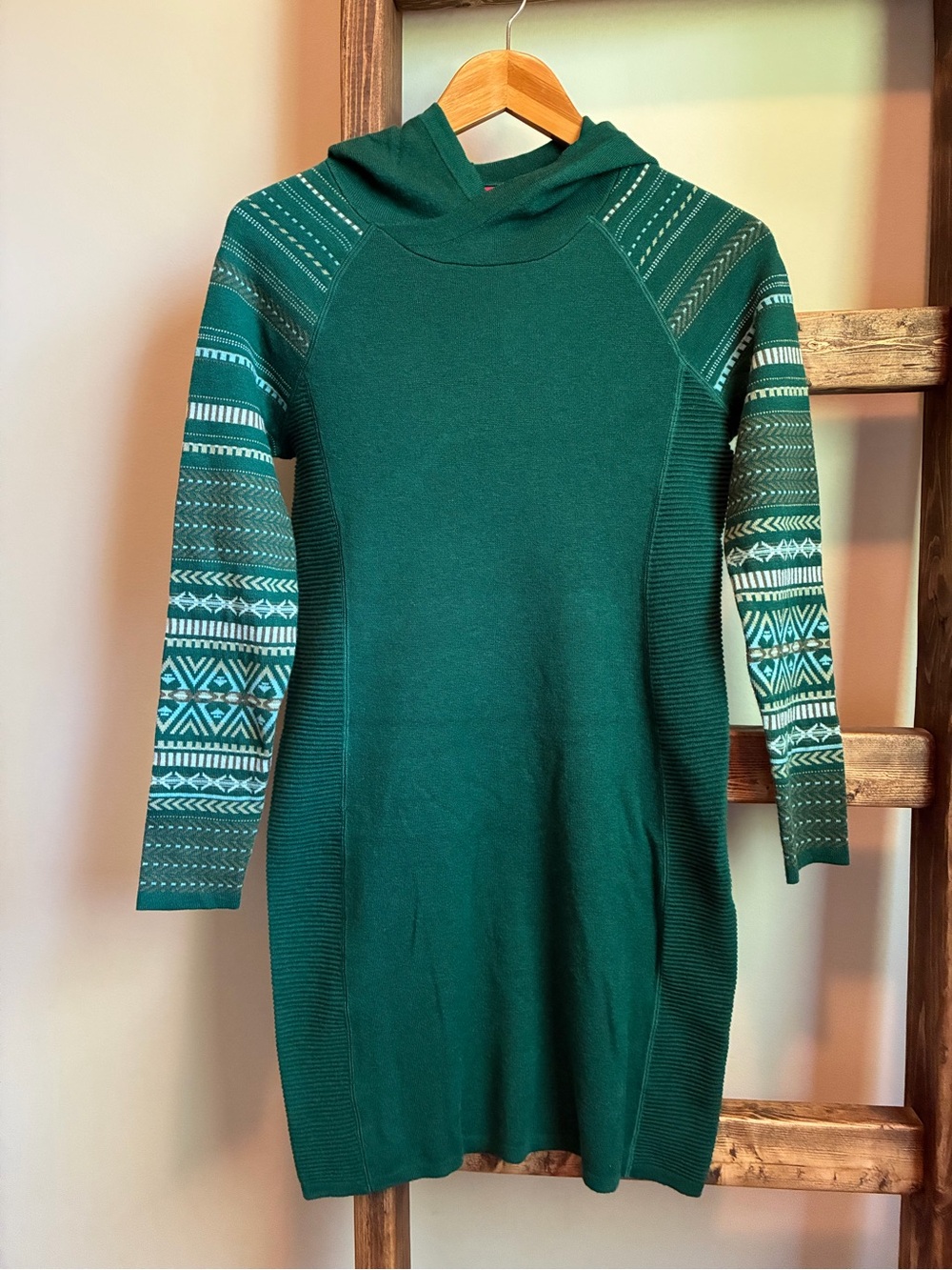 Krimson Klover Green Merino Wool Hooded Sweater Dress – Fair Isle Boho Ski Style